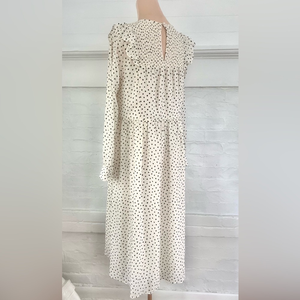 Madewell Smocked Ruffle-Shoulder Midi Dress Inkbrush Dots Cream Black Polka Dot - Picture 6 of 13